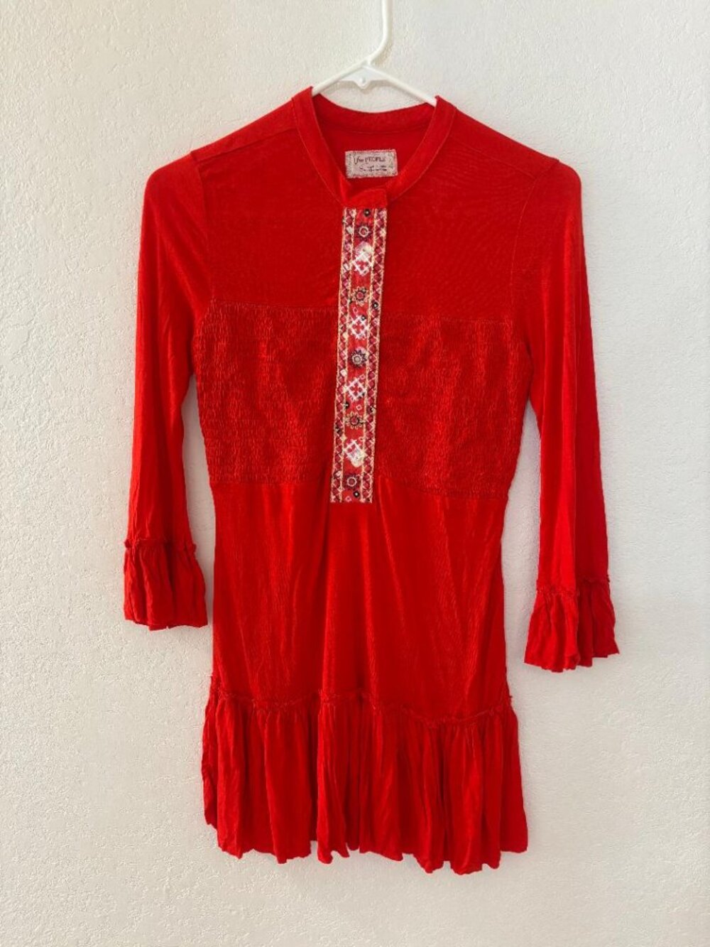 Free People Red Embroidered Mesh Spandex Bust Line Long Sleeve Ruffle Blouse S